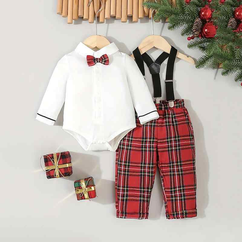 セットアップ 男の子 ベビー キッズ クリスマス衣装 誕生日 セレモニー フォーマル ロンパース シャツ サロペット パンツ 長袖 長ズボン 蝶ネクタイ チェック柄 英国風 欧米風 かわいい ポリエステル 赤 黒 グレー 春秋