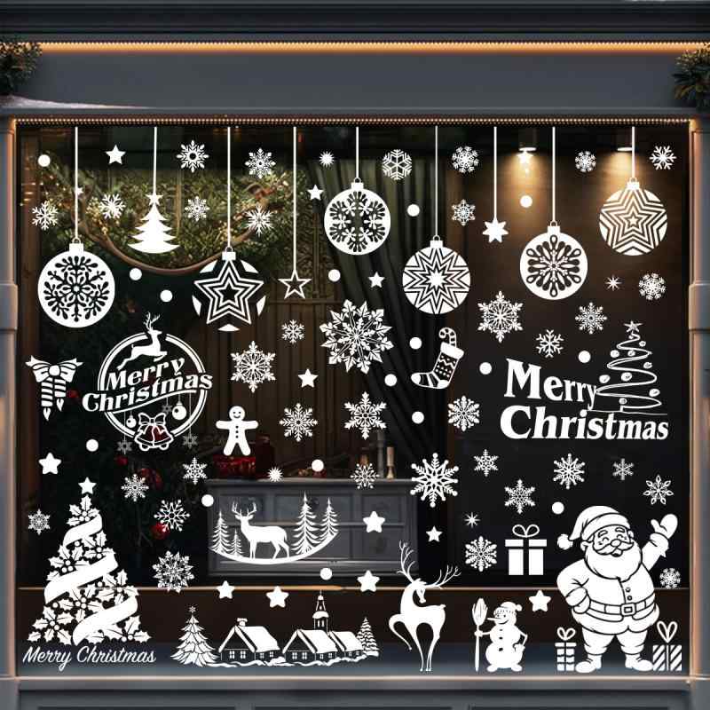 Rakuten - ウォールステッカー クリスマス 白 ガラス 窓 デコレーションシール オーナメント パーティー 飾り付け PVC製 かわいい 花柄 動物柄 リビング 寝室 店舗 ショップ インテリア装飾