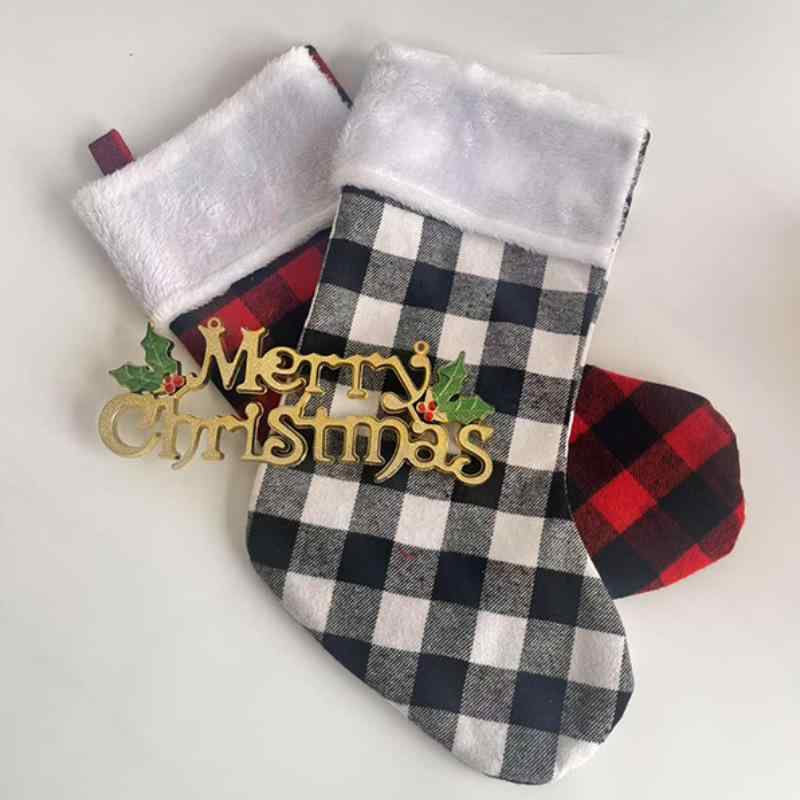 クリスマス飾り 赤黒 チェック柄 フリース縁 ソックス型 吊り下げ オーナメント ギフトバッグ プレゼント入れ キャンディポーチ