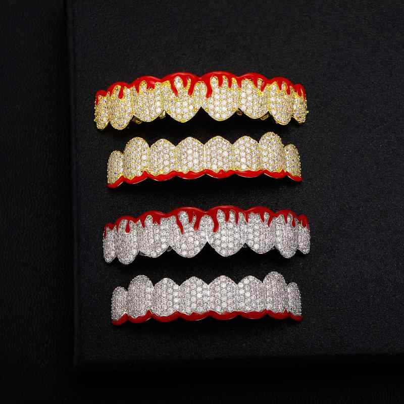 グリルズ ユニセックス 赤 エナメル加工 炎柄 ジルコニア 銅製 金メッキ ヒップホップ ストリート ハロウィン クリスマス コスプレ パーティー イベント アクセサリー