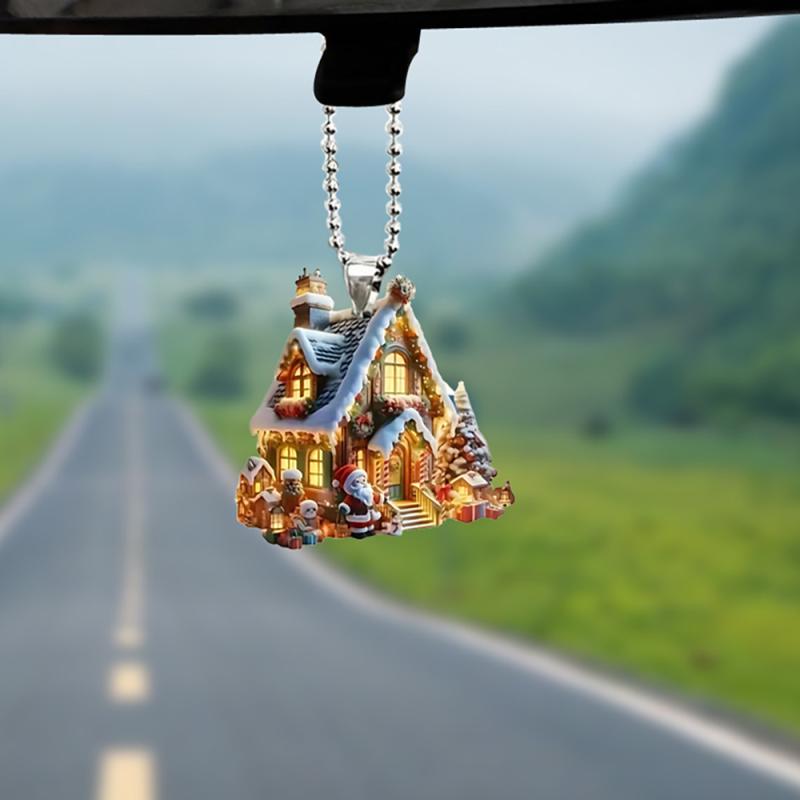 キーホルダー クリスマス スノードーム 雪の家 2Dフラット アクリル キャラクター 車 バックミラー 吊..