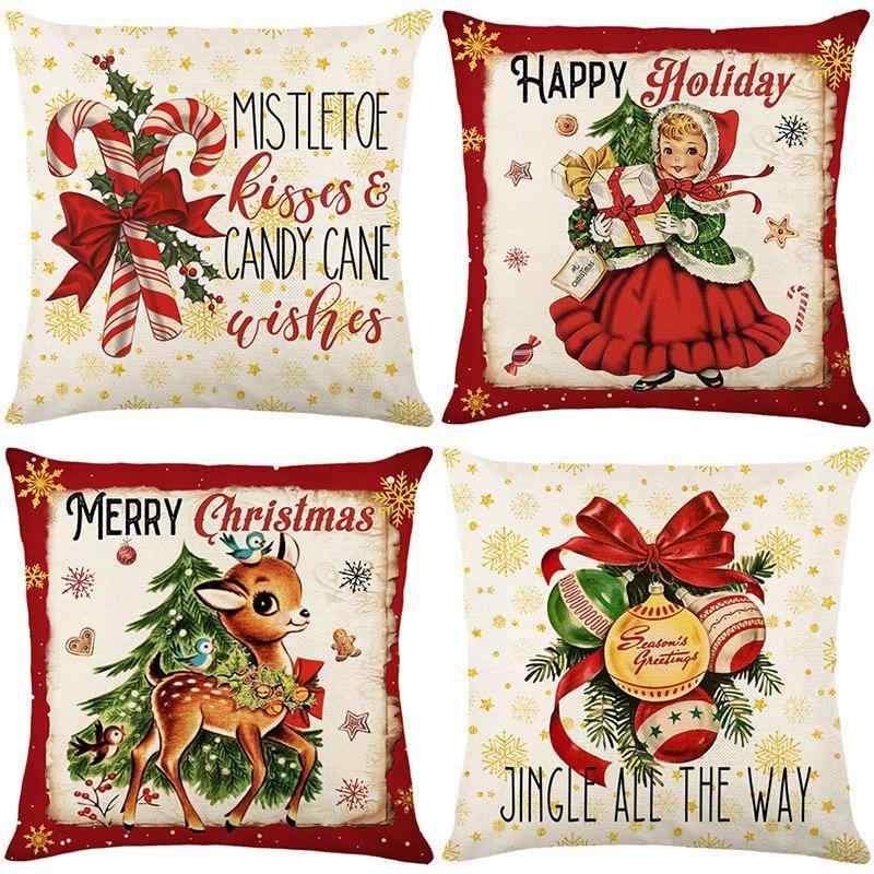 クッションカバー クリスマス アメリカン レトロ ヴィンテージ リネン素材 プリント柄 ソファ ベッド用 インテリア ピローケース ファブリック おしゃれ
