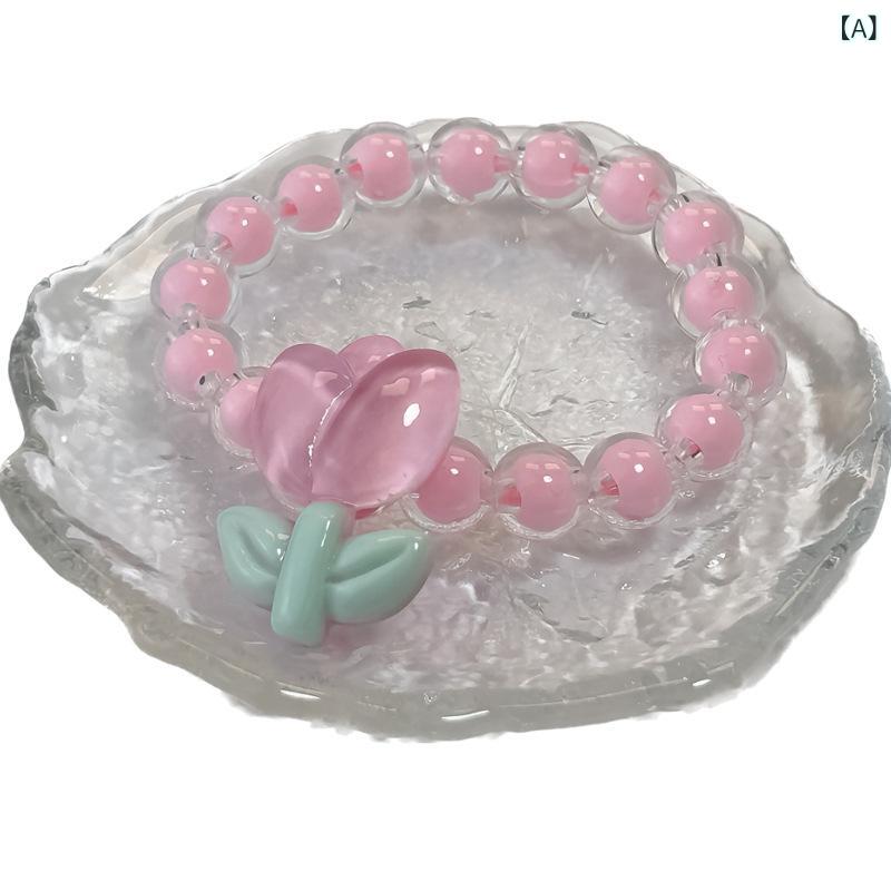 ブレスレット キッズ 女の子 アクリル製 樹脂 チューリップ 花 モチーフ ビーズ アクセサリー かわいい ポップ 子供 ジュエリー ハンドメイド風