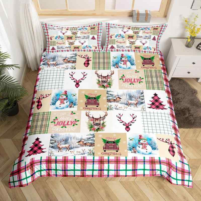 寝具カバーセット クリスマス柄 雪だるま トナカイ クリスマスツリー バッファローチェック柄 布団カバー 枕カバー レッド ポリエステル デジタルプリント 3点セット おしゃれ モダン かわいい