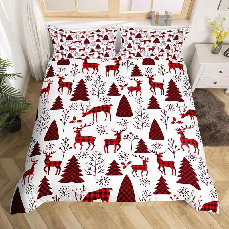 掛け布団カバー キッズ クリスマス トナカイ 鹿柄 バッファローチェック レッド ポリエステル素材 デジタルプリント かわいい おしゃれ 枕カバー セット 子供部屋用 冬 ベッドリネン