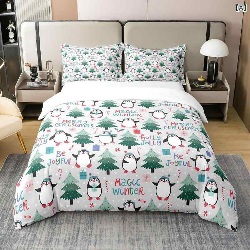 布団カバー 枕カバー セット 冬用 クリスマス ペンギン ファンタジー泡雪柄 デジタルプリント かわいい おしゃれ モダン ポリエステル 総柄 寝具 ベッドルーム 3点セット [2]