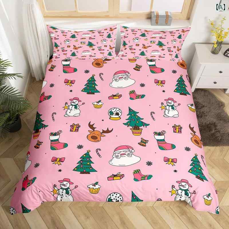 布団カバー 枕カバー ジュニア ティーンズ クリスマス柄 雪だるま トナカイ キャラクター柄 ピンク デジタルプリント ポリエステル製 モダン シンプル 寝室 インテリア 部屋飾り 3点セット [2]