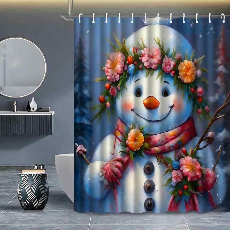 シャワーカーテン かわいい クリスマス 雪だるま 3D デジタルプリント 防水 防カビ ポリエステル アメリカンスタイル 穴あけ不要 バスルーム インテリア