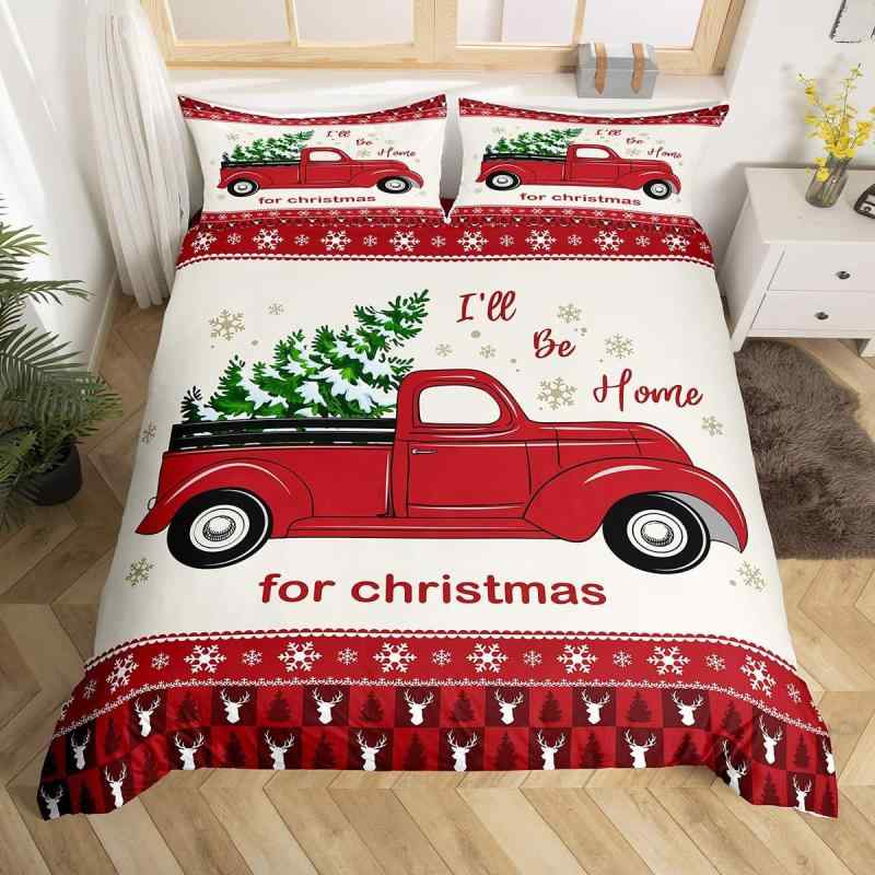 羽毛布団カバー 枕カバー クリスマス レトロ 赤いトラック 松の木柄 子供用 大人用 寝具セット ポリエ..