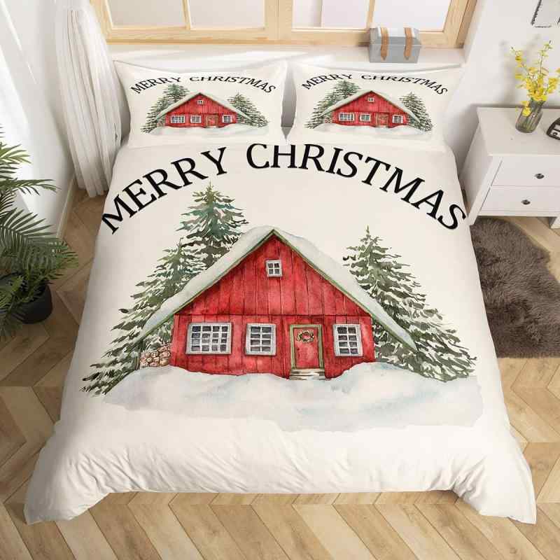 布団カバー 枕カバー 子供 大人兼用 クリスマス スノーハウス 松の木 手描き レトロ調 デジタル印刷 化..