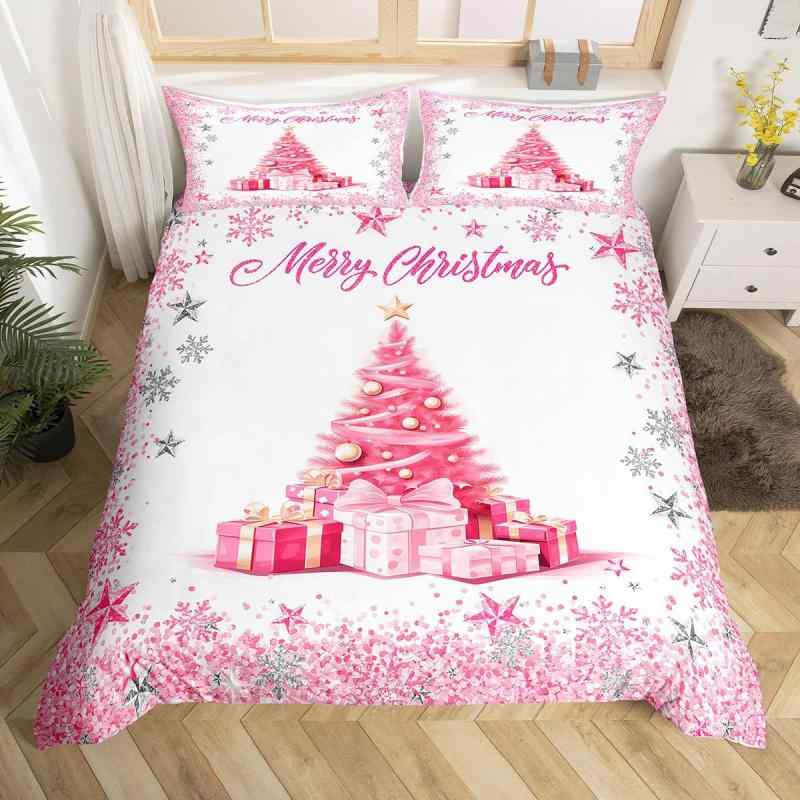 掛け布団カバー 枕カバー 子供 大人用 ピンク クリスマスツリー 雪の結晶柄 おしゃれ デジタルプリント..