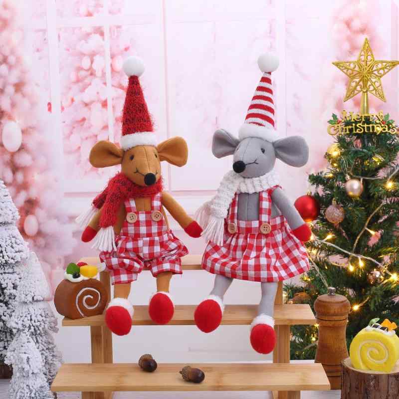 ぬいぐるみ ペア 足長 ネズミ マスコット チェック柄 布製 ファブリック クリスマスデコレーション インテリア雑貨 かわいい プレゼント 置物