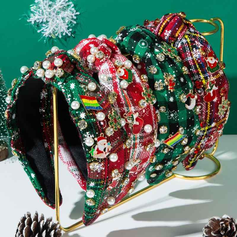 ヘアアクセサリー レディース クリスマス カチューシャ チェック柄 布製 リボン ジルコニア 雪の結晶 トナカイ サンタクロース パール 秋冬 華やか 髪飾り