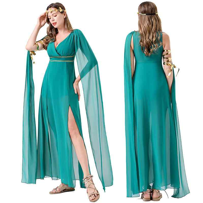 コスプレ レディース ハロウィン クリスマス パーティー イベント グリーン シフォン ギリシャ 女神風 ロングドレス ポリエステル