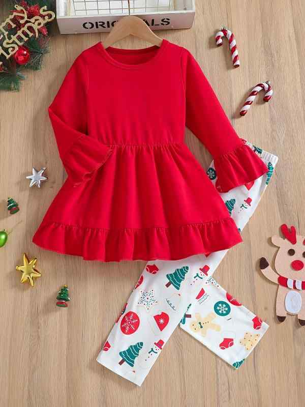 女の子 キッズ ジュニア セットアップ クリスマス レッド ラウンドネック フレアスリーブ フリル プリント柄 ロングパンツ ポリエステル 2点セット 秋冬 カジュアル 普段使い