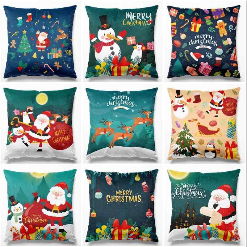 クッションカバー クリスマス サンタ柄 抱き枕カバー リビング ソファ ベッド インテリア飾り ピーチスキン リネン 麻 ショートボア プリント 45×45cm スクエア型(x2)