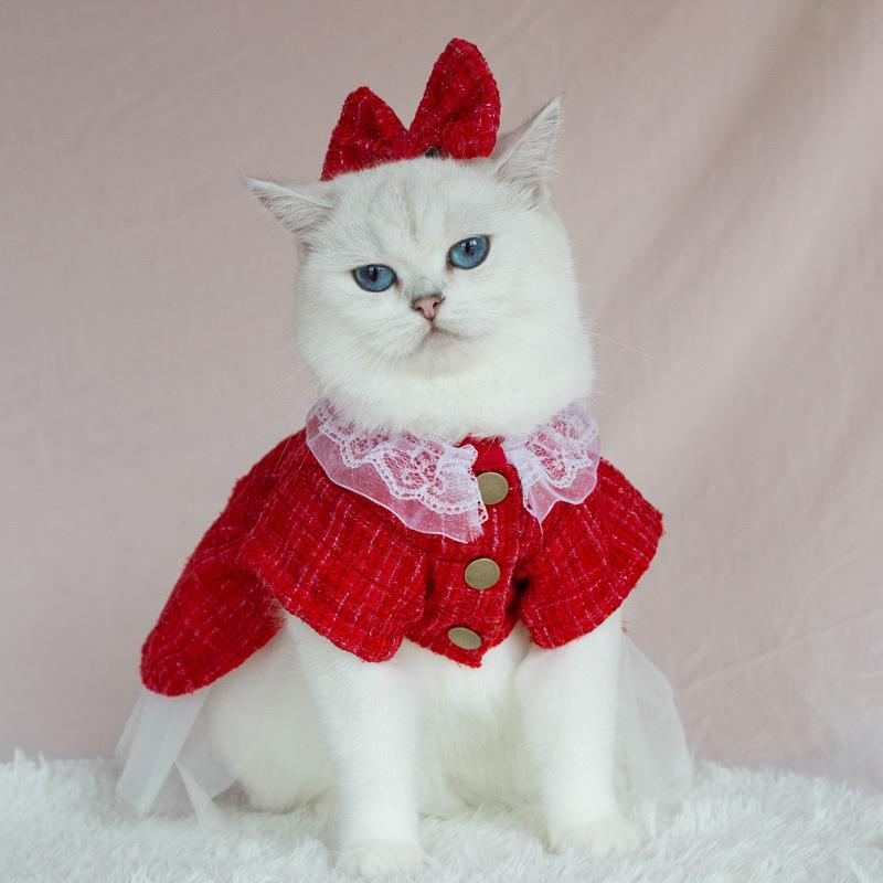 犬猫用 服 レッド 赤色 上品 エレガント レース ドレス チュールスカート ワンピース チェック柄 クリスマス パーティー フォーマル 衣装 小型犬 中型犬 秋冬 かわいい(x2)