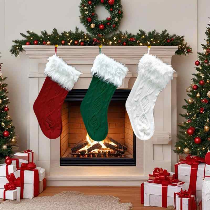 クリスマスソックス ビッグサイズ ふわふわ ニット クラシック プレゼント ギフトバッグ ハンギングオーナメント ポリエステル レッド ホワイト グリーン