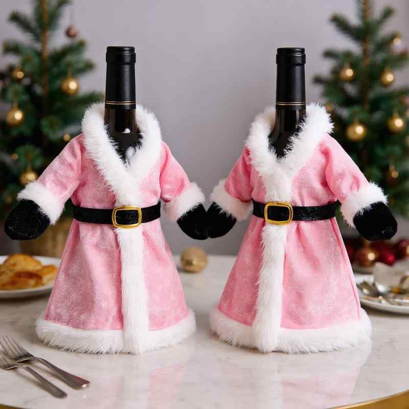 ワインボトルカバー クリスマス 金ベルベット ベロア ピンク ボルドー ドレス風 スカート 衣装 かわいい 高級感 食卓装飾 テーブルデコレーション パーティー