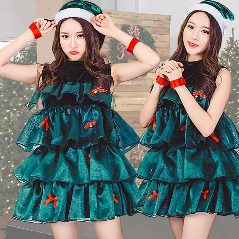 ドレス レディース クリスマスツリー コスプレ ノースリーブ グリーン ティアード パーティー イベント ステージ衣装 発表会 スウィート ポリエステル フリーサイズ