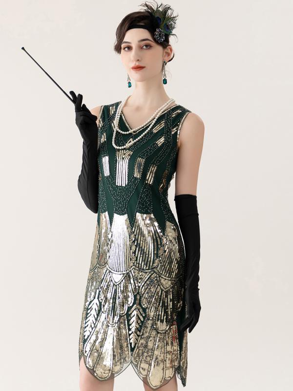 ドレス レディース ギャツビー風 レトロ ヴィンテージ スパンコール ビーズ刺繍 ノースリーブ ミモレ丈..