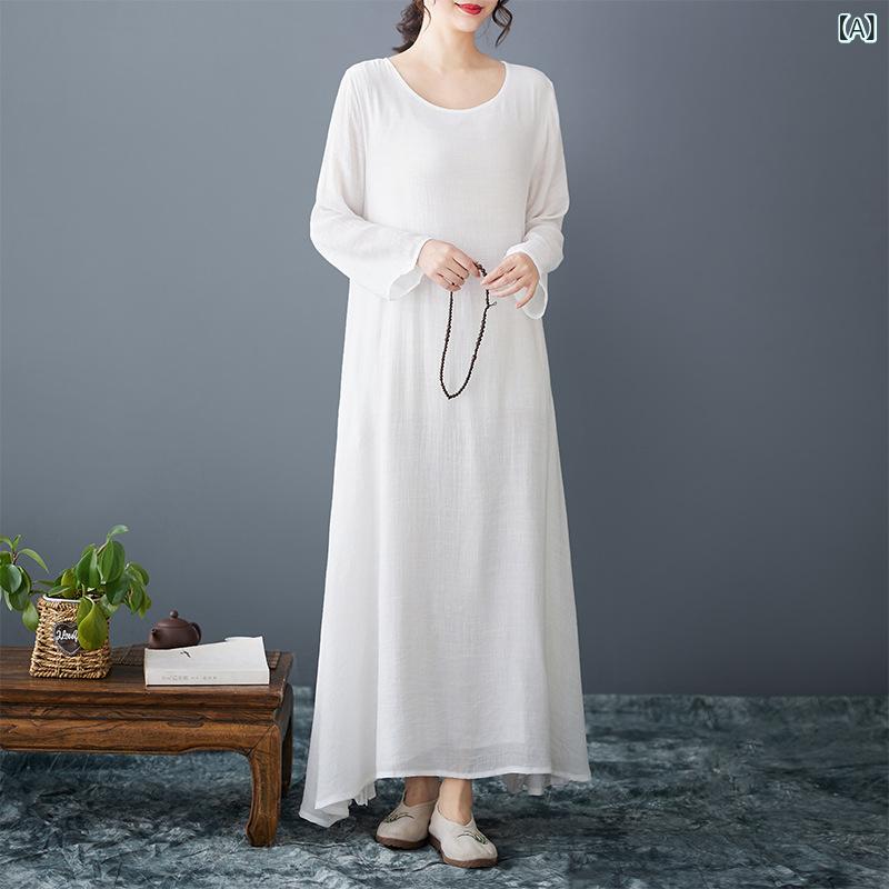 ワンピース レディース 女性用 文芸 レトロ エスニック 禅風 ゆったり ルーズ Aライン 体型カバー 綿麻 リネン 無地 シンプル ダブルレイヤー 切り替え ロング丈 マキシ丈 ラウンドネック 丸首 長袖 春夏(4)