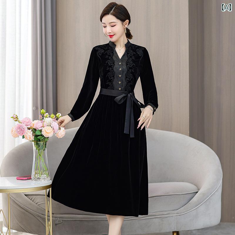 ワンピース レディース 秋冬 ベルベット ロング丈 細見え 着痩せ 上品 フレンチレトロ 切り替え ドレス Aライン 長袖 Vネック ブラック ウエストマーク 高級感 エレガント クラシカル パーティー 結婚式 オケージョン