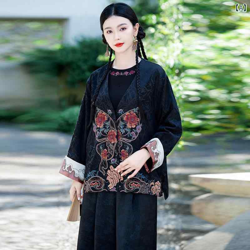 アウター レディース 民族調 エスニック 新チャイナ風 レトロ 重厚な総刺繍 ショート丈 Vネック 長袖 ゆったり リヨセル ポリエステル 植物柄 ダブルボタン 中厚手 春夏