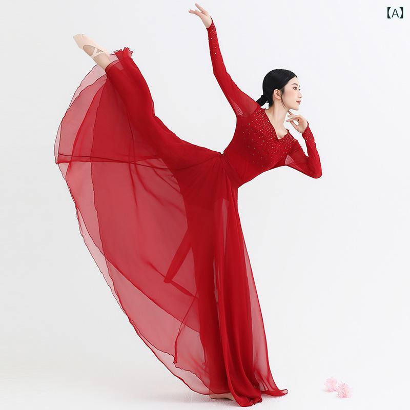 ダンスウェア レディース 長袖 シースルートップス フレアロングスカート ラインストーン レッド 舞台 発表会衣装 ダンスイベント 春夏秋 ポリエステル