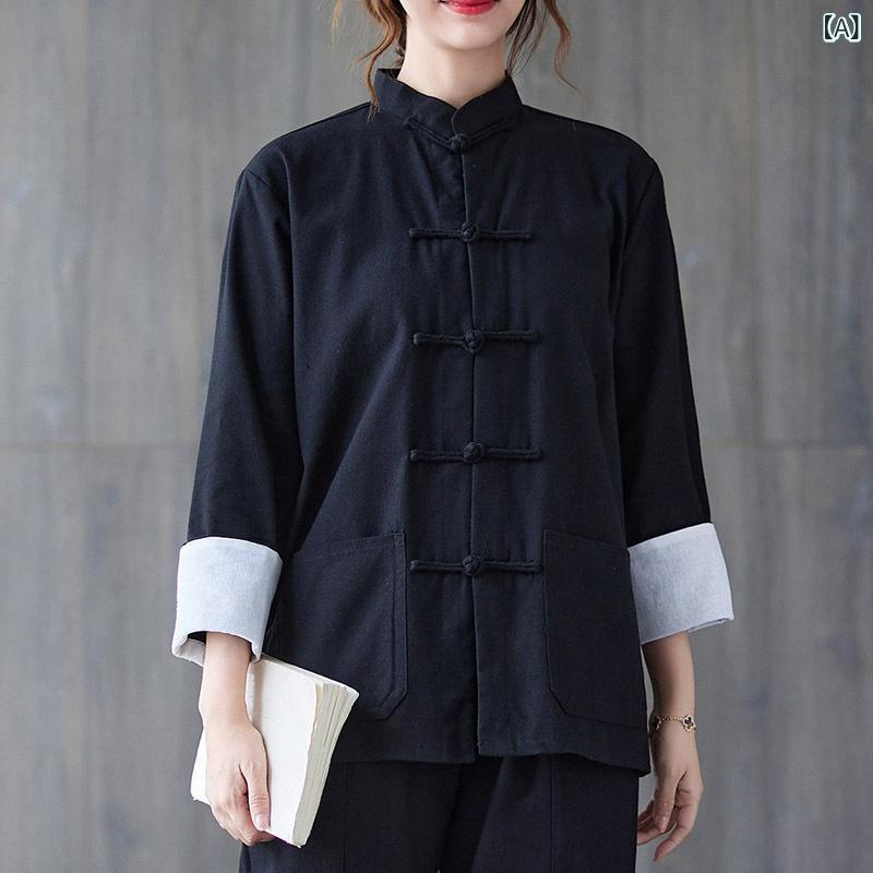 ブラウス 春秋冬 チャイナ風 レトロ クラシック 盤ボタン 唐装 茶服 和風 綿麻 コットンリネン 養生館 施術服 黒 ワインレッド カーキ グレーブルー