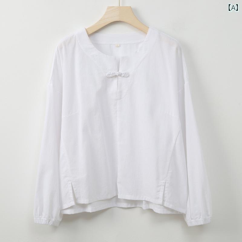 ・カテゴリ: Tシャツ・スタイル: プルオーバー、レトロ、エレガント・主な素材: 綿95%以上・柄: 無地・ネックライン: スタンドカラー・袖丈: 長袖・袖タイプ: レギュラー袖・着丈: レギュラー丈（約50-65cm）・加工: ウォッシュ加工・ポイント: ボタン・カラー展開: ピュアホワイト、スプリンググリーン・サイズ展開: M、L、XL、XXL