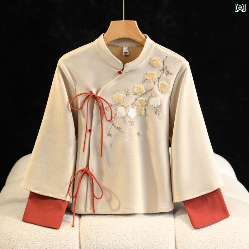 セットアップ レディース 女性用 秋冬 新中華風 レトロ 刺繡 スエード調 改良漢服 唐装風 チャイナドレ..