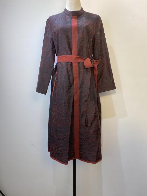 コートワンピース レディース 秋冬 モダンチャイニーズ リバーシブル 香雲紗 シルク ウエストマーク ロング丈 Aライン エレガント 前開き 長袖 レッド