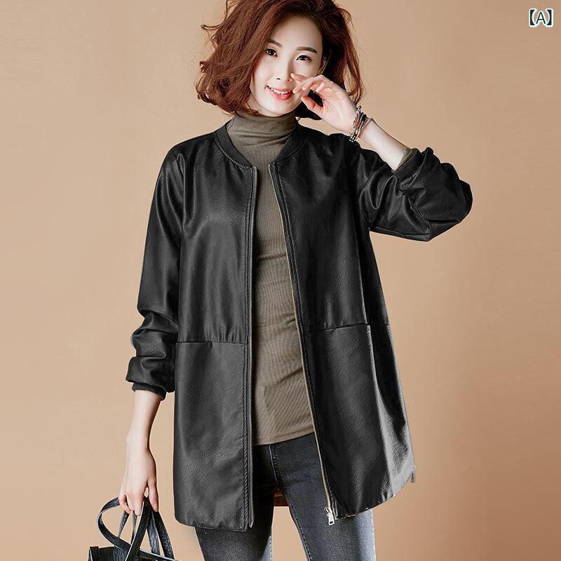 スタジャン レディース 剥がれにくい フェイクレザー ブルゾン ミドル丈 ラウンドネック 9分袖 韓国ファッション ゆったり オーバーサイズ 春秋 アウター 通勤 オフィス カジュアル きれいめ ブラック ブラウン