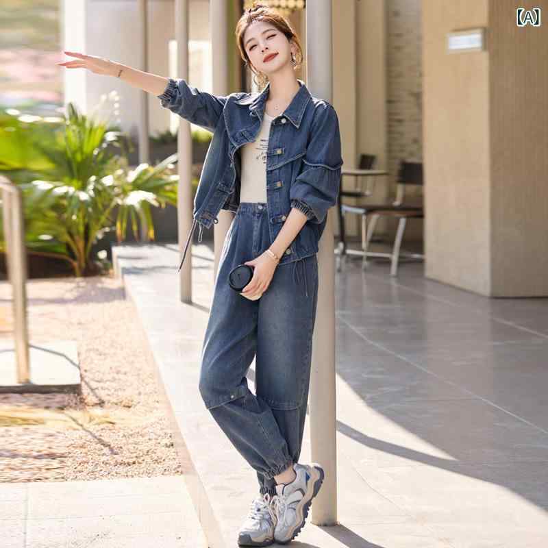 レディース カジュアルセットアップ 春夏 きれいめ 上品 おしゃれ 通気性 着回し抜群 体型カバー 着痩せ デニム 綿 切り替え ロング丈 普段使い パンツスタイル