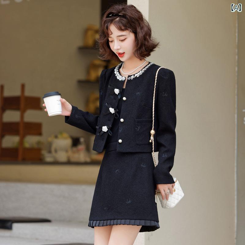 スカートセットアップ レディース フレンチシック 上品スタイル 低身長向け エレガント カジュアル 秋冬 ポリエステル 長袖 ショート丈 ツーピース 切り替え スパンコール ブラック グレー