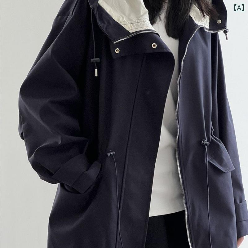 コート レディース 英国風 フード付き トレンチコート カーキ色 無地 小柄な方向け ゆったりシルエット レトロ カジュアル きれいめ 通..