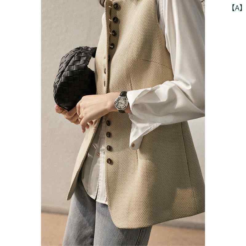 ベスト レディース ワッフル生地 ゆったり ルーズ 大きいサイズ 体型カバー 着痩せ効果 前開き シングルボタン ウェーブカラー おしゃれ トレンド カジュアル きれいめ 着回し 普段使い 秋 ベージュ