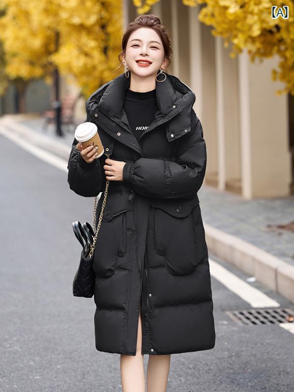 ダウンジャケット レディース 冬 白ダックダウン フード付き ゆったり オーバーサイズ ミドル丈 膝丈 防寒 暖かい 厚手 ポリエステル カジュアル 日常使い アウター