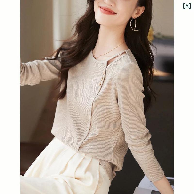 Tシャツ レディース 春夏 トップス 長袖 ロングスリーブ 綿 カジュアル シンプル クルーネック 透かし編み シアーデザイン 高級感 着痩せ効果 着回し 通勤 オフィス 普段使い ベージュ 小麦色 女性用