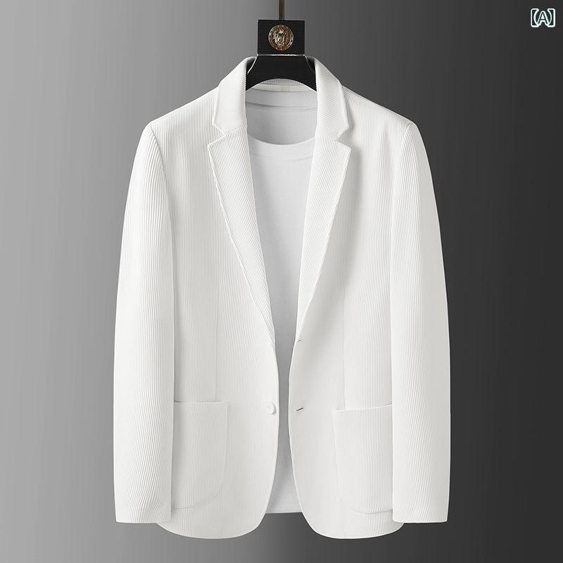 ジャケット メンズ イタリアン 紳士風 高級感 防シワ ストレッチ ゆったり ポップコーン生地 シアサッカー ポリエステル アセテート 通年 軽ビジネス ホワイト ブラック