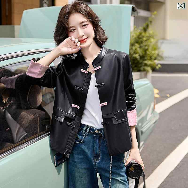 Coat - レザージャケット レディース 秋冬 フェイクレザー ショート丈 スタンドカラー 切り替え バイカラー ネオチャイナ風 エレガント おしゃれ 万能 カジュアル アウター ピンク グリーン