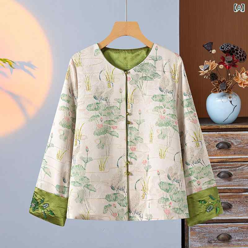 ジャケット ミセス レディース 春秋 アウター 薄手 チャイナ風 花柄 刺繍 ゆったり 長袖 ラウンドネック 丸首 エレガント 上品 きれいめ 通勤 ポリエステル グリーン