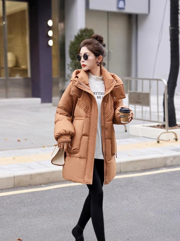 ダウンジャケット レディース ミドル丈 フード付き ゆったり 暖かい 保温 防寒 リラックスフィット 体型カバー カジュアル 韓国ファッション 普段使い ポリエステル ダックダウン アウター 秋冬 ブラック ブラウン系