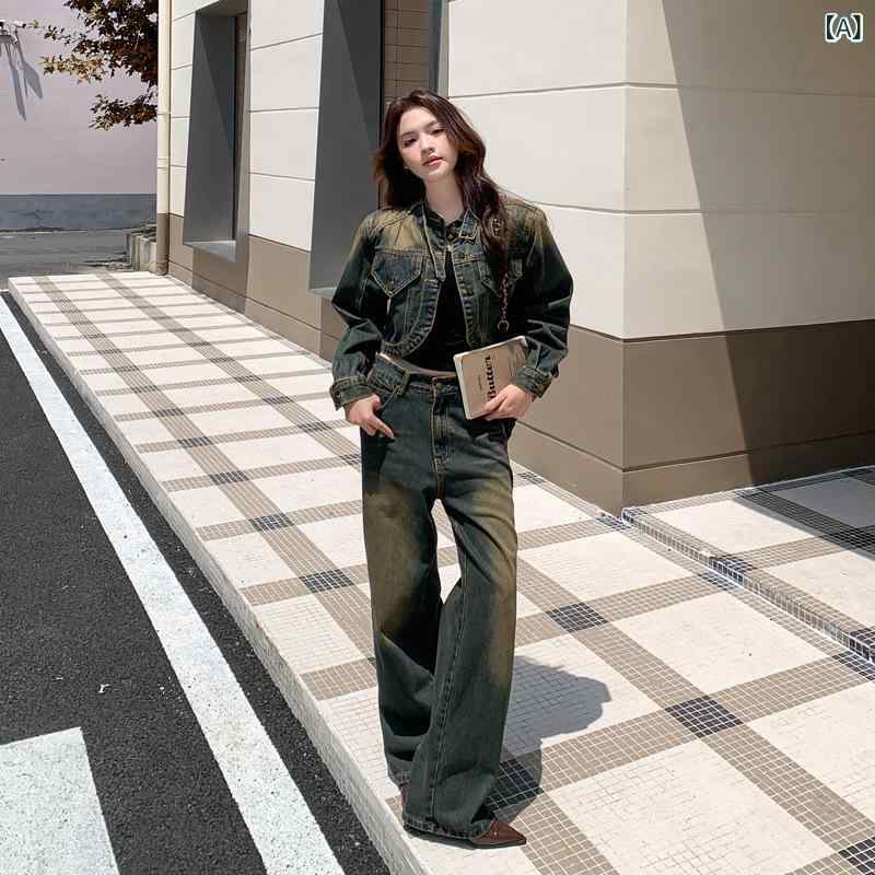 セットアップ レディース デニム ワイドパンツ 綿 コットン ゆったり シンプル 上品 カジュアル レトロ ヴィンテージ加工 クール 着回し抜群 長袖 秋