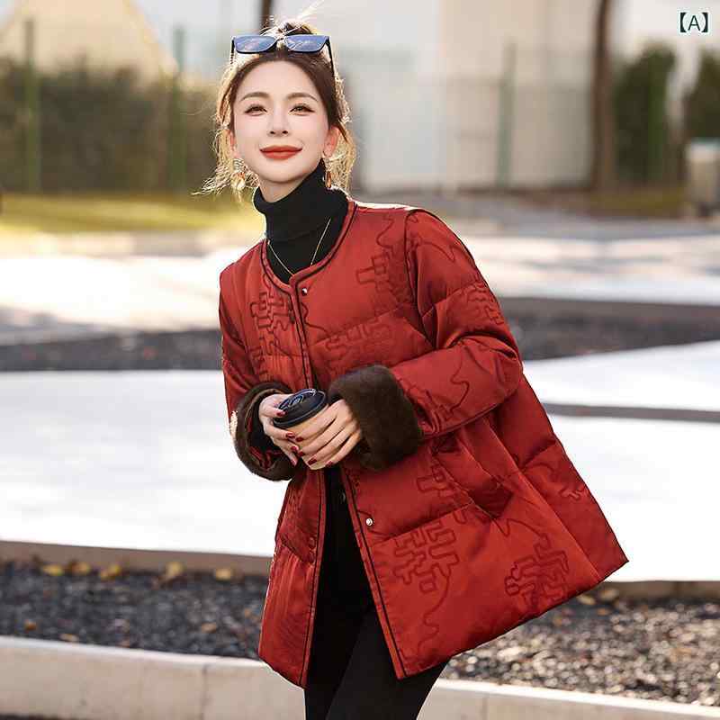 ダウンジャケット レディース 秋冬 グリーン グースダウン ミンク 再生繊維 ポリエステル ジャカード織り 刺繍 袖口デザイン ミドル丈 ゆったり ロングスリーブ ラウンドネック ジップアップ ポケット付き カジュアル 厚手 アウター