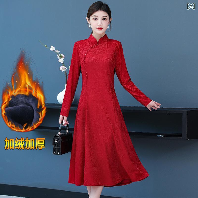 ワンピース ミセス 母親 女性 中高年 結婚式 披露宴 フォーマル お呼ばれ ロング丈 マキシ丈 ベルベット ベロア 裏起毛 厚手 肉厚 保温 暖か ポリエステル 赤系 ブラック 秋冬
