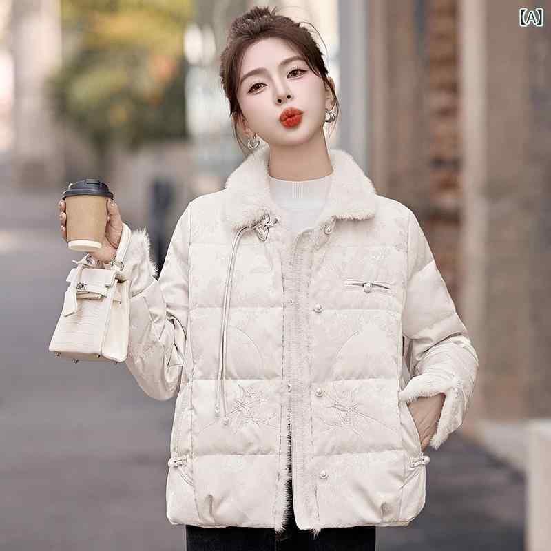ダウンジャケット レディース 秋冬 ジャカード刺繍 ミンクタッチ フード付き ゆったり オーバーサイズ ミドル丈 ホワイトダックダウン 高配合 暖かい アウター ポケット付き カジュアル アイボリー ピンク ポリエステル素材