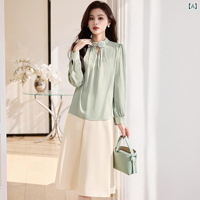 セットアップ レディース 秋冬 ブラウス シャツスリーブ 長袖 ハイウエスト Aラインスカート ミモレ丈 ツーピース エレガント 上品 きれいめ 立体装飾 通勤 オフィス デイリー 体型カバー 無地 ポリエステル