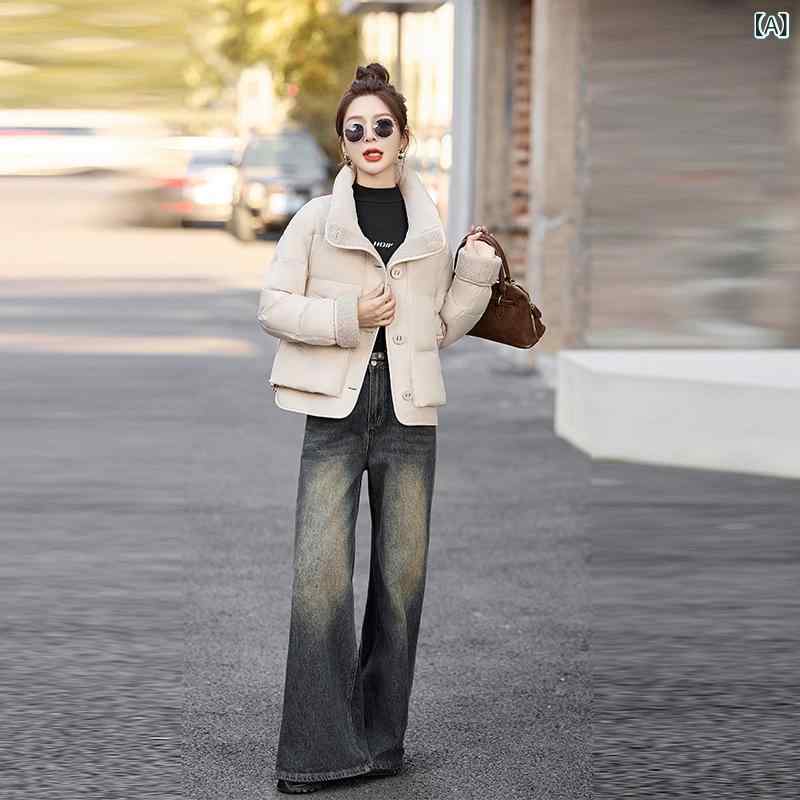 ダウンジャケット レディース 韓国風 おしゃれ かわいい フード付き ショート丈 厚手 ゆったり ボリュームスリーブ ジップアップ ポリエステル ホワイトダックダウン 冬 アウター